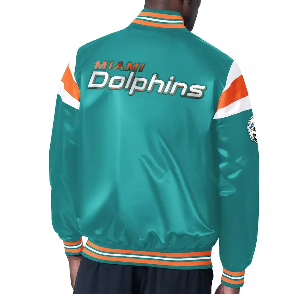 0 Miami Dolphins Turquoise Satin Bomber Letterman Baseball Varsity Jacket