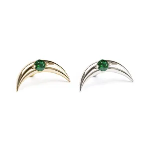 14K Gold Emerald Crescent Moon Stud