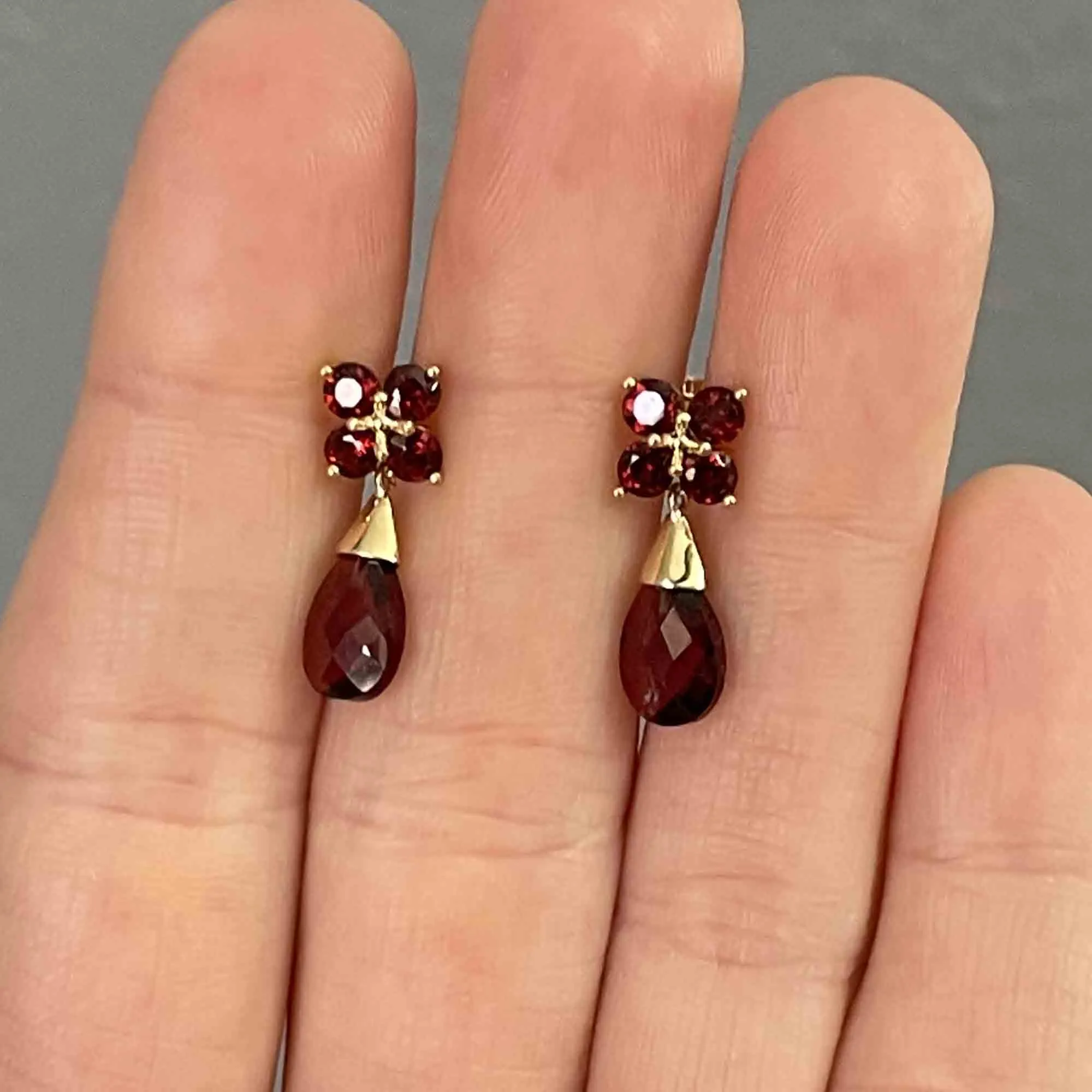 14K Gold Garnet Floral Cluster Drop Earrings