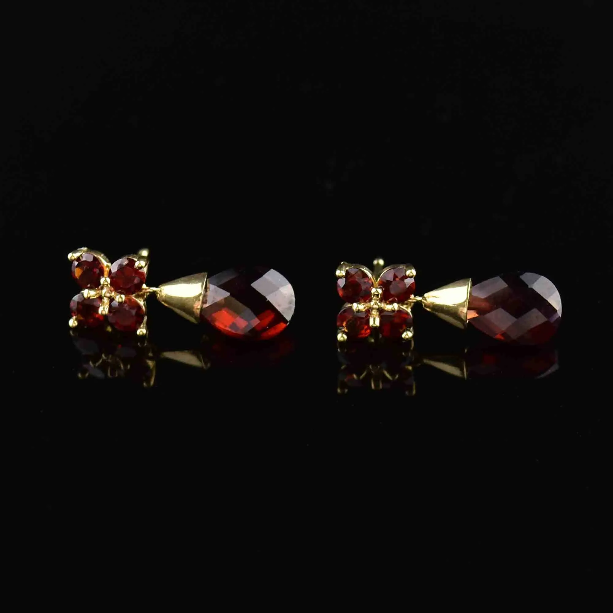 14K Gold Garnet Floral Cluster Drop Earrings