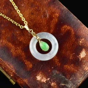 14K Gold Green and White Jade Target Pendant Necklace