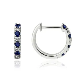 14K WHITE GOLD ALTERNATING SAPPHIRE AND DIAMOND HUGGIE HOOP EARRINGS