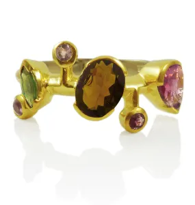 18K Gold Plated Six Stone Single Line Ring Mixed Tourmaline