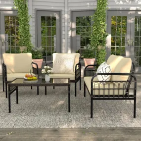 4 Pieces Outdoor Wicker Conversation Bistro Set with Soft Cushions and Tempered Glass Coffee Table-Beige