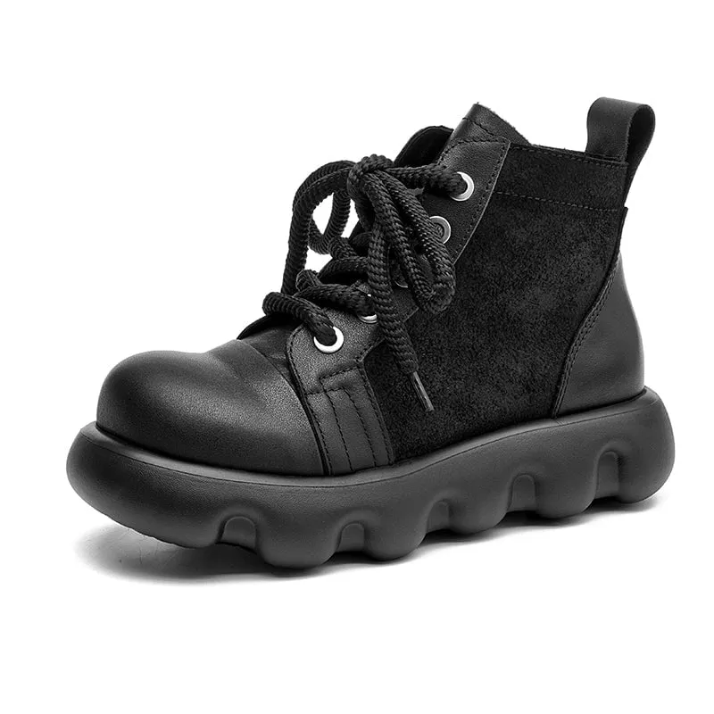 40mm Platform Boots Lace up Leather Martin Boots Round Big Toe Combat Boots in Black/Brown