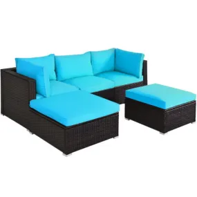 5 Pieces Patio Rattan Sectional Conversation Ottoman Furniture Set-Blue