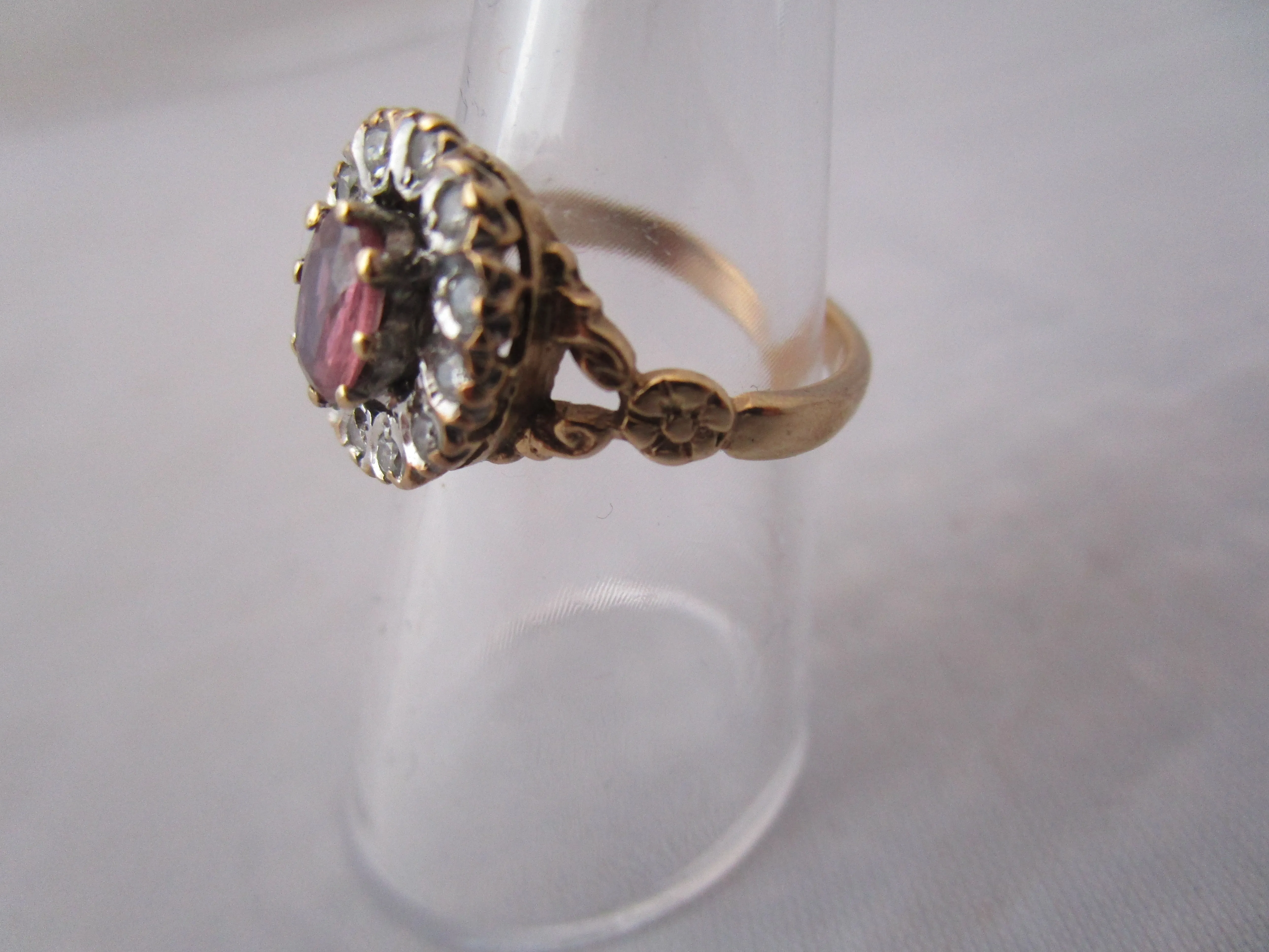 9K Gold Pink Ruby And Diamond Cluster Ring Vintage c1980