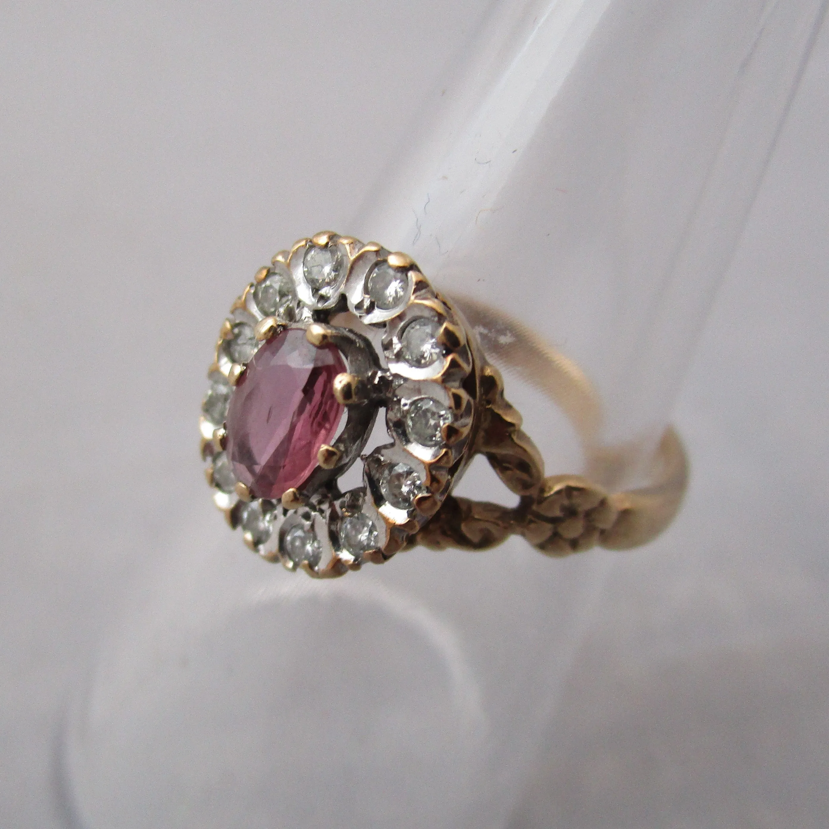 9K Gold Pink Ruby And Diamond Cluster Ring Vintage c1980