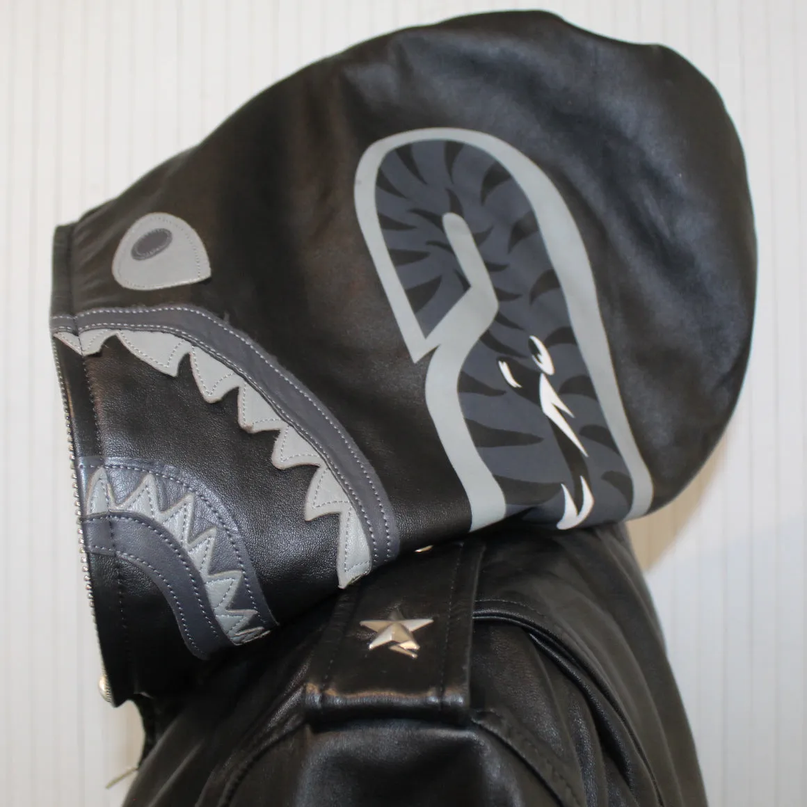 A Bathing Ape Keith Flint's Black Leather Shark Hood Jacket M