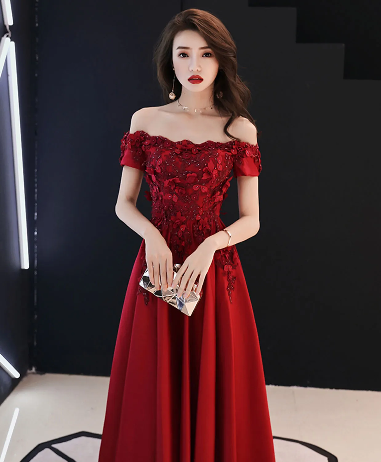 A-Line Burgundy Tulle Lace Long Prom Dress, Burgundy Tulle Bridesmaid Dress