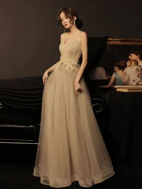 A line champagne long prom dress lace long formal dress