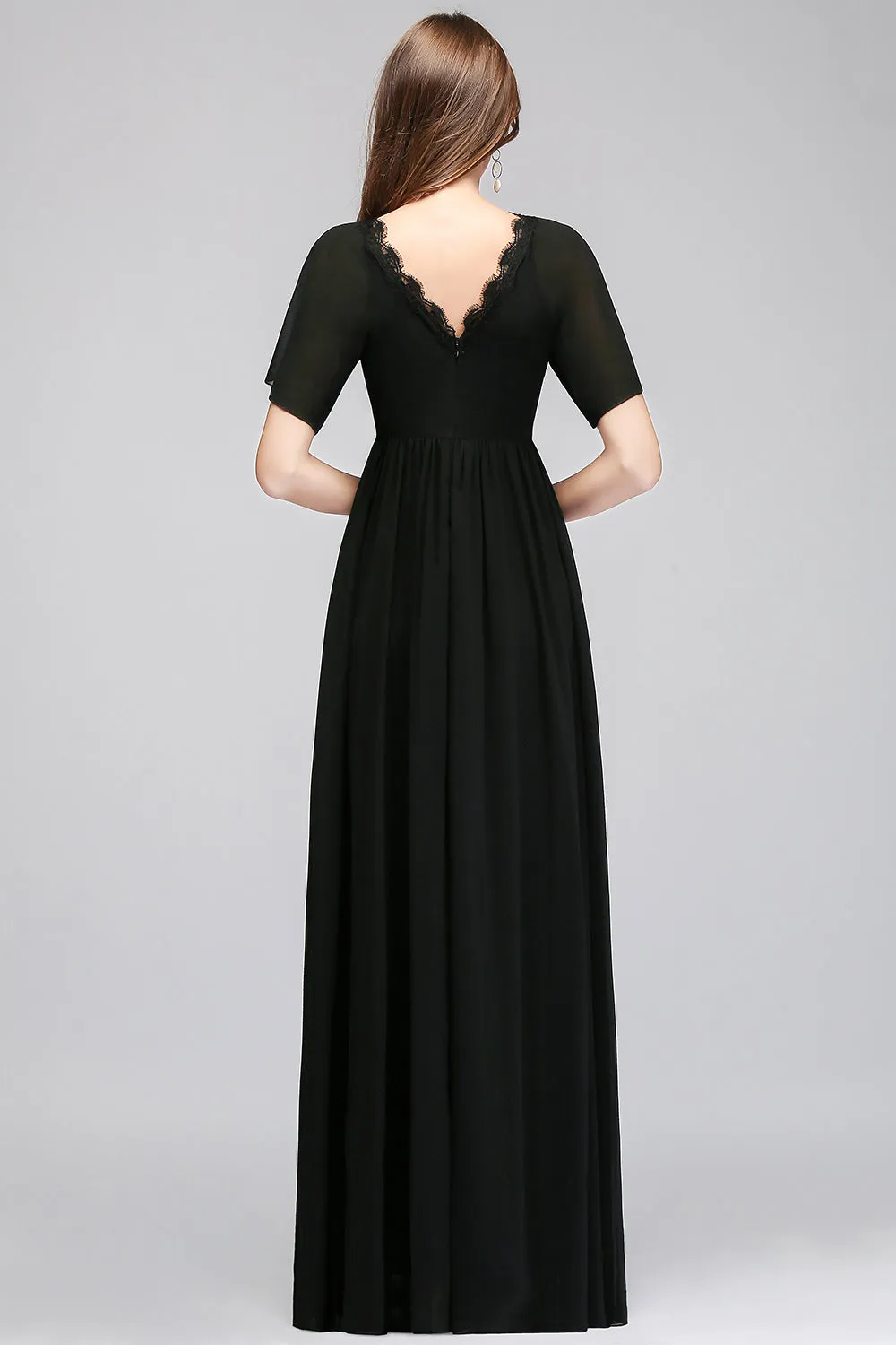 A-line Chiffon V-Neck Long Backless Bridesmaid Dresses with Sleeves