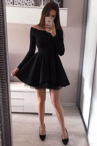 A line Long Sleeve Black Satin Short Prom Dresses Above Knee Cocktail Dresses