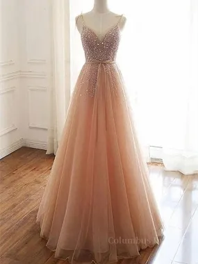 A Line V Neck Champagne Tulle Long Beaded Prom Dresses, Champagne Long Formal Evening Dresses