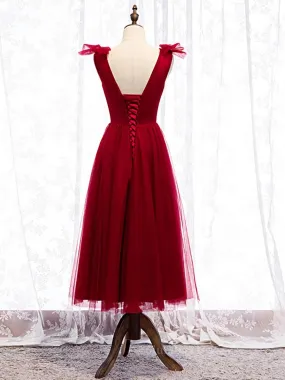 A Line V Neck Red Tea Length Prom Dress with Corset Back, Red Tea Length Formal Graduation Dresses