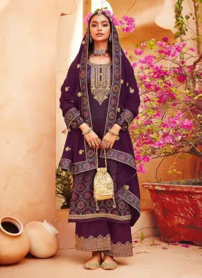 Admirable Purple Color Satin Base Zari Work Printed Palazzo Salwar Suit