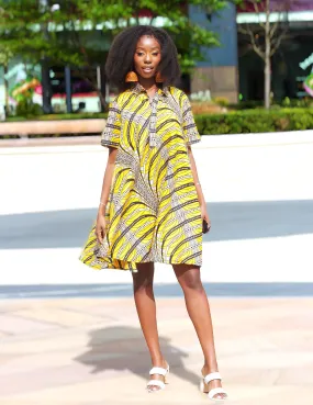 African Print Yellow Shirt mini Dress - Kabira