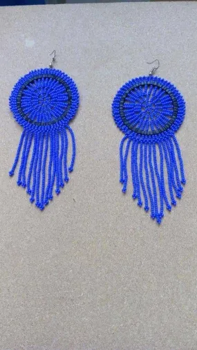 African Zulu beaded earrings, Blue Fringe earrings, Maasai jewelry