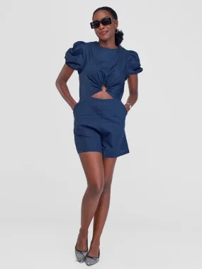 Alara Linen Romper With A Central Metalic Ring And Front Cutout - Navy Blue