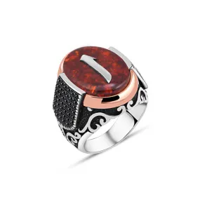 Alif Letter on Red Ellipse Synthetic Amber Stone Silver Men's Ring Siding Zircons in Epaulet Shape