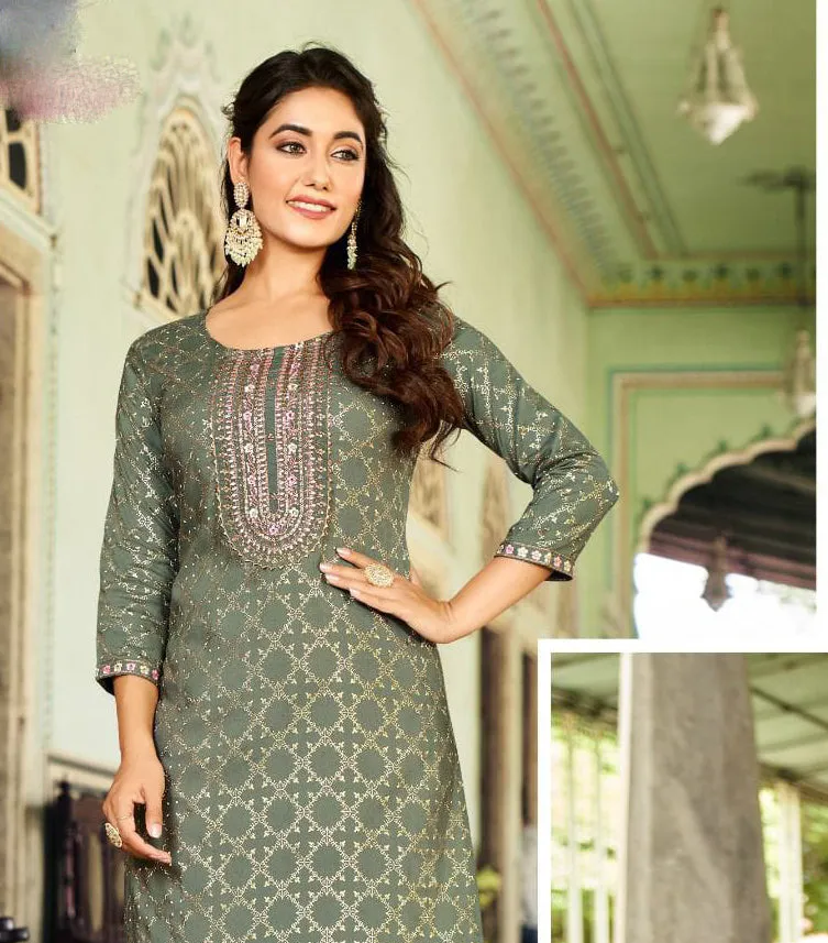 Alluring Green Colored Rayon Foil Print Designer Kurti With Fancy Embroidery Work