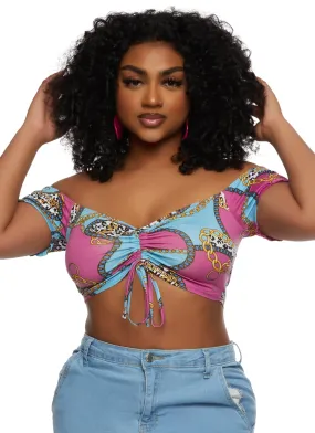 Almost Famous Printed Off the Shoulder Ruched Crop Top