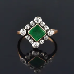 Antique Diamond Halo Emerald Ring in 14K Gold ON HOLD