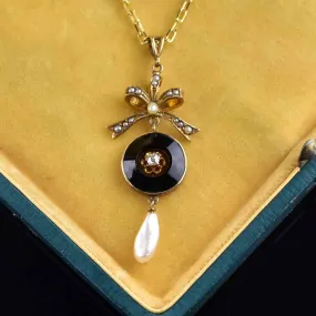 Art Deco 10K Gold Diamond Onyx Pearl Pendant Necklace