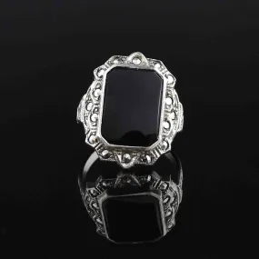 Art Deco Sterling Silver Onyx Marcasite Statement Ring