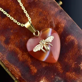 Art Deco Style Gilt Bee Banded Agate Heart Necklace