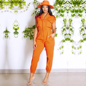 Ashore Shop Fashion Short Sleeve Pockets Cargo Jumpsuit Women 2023 Summer Casual One Piece Pants V Neck Zipper Slim Jumpsuit Street Overalls