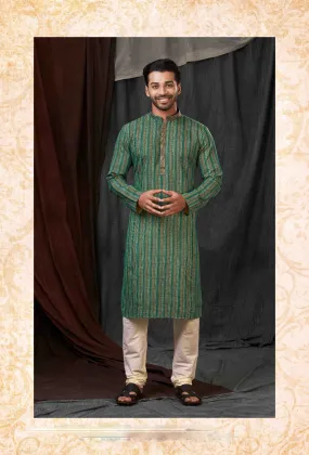 Attractive Green Color Poly Cotton Digital Printed Men's Kurta Sets