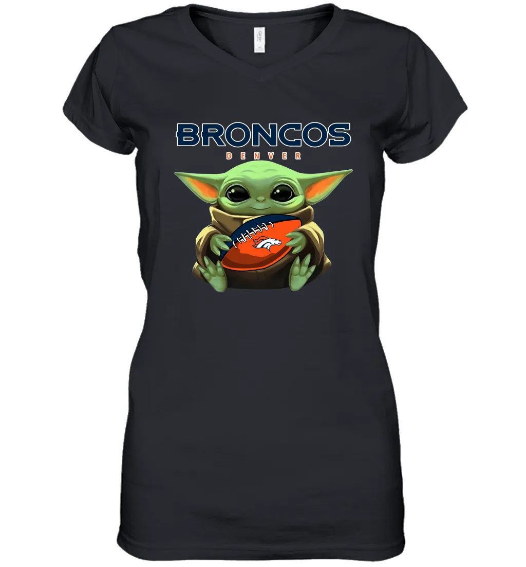 Baby Yoda Loves The Denver Broncos Star Wars Baby Yoda Hugs Broncos NFL Womens V-Neck T-Shirt