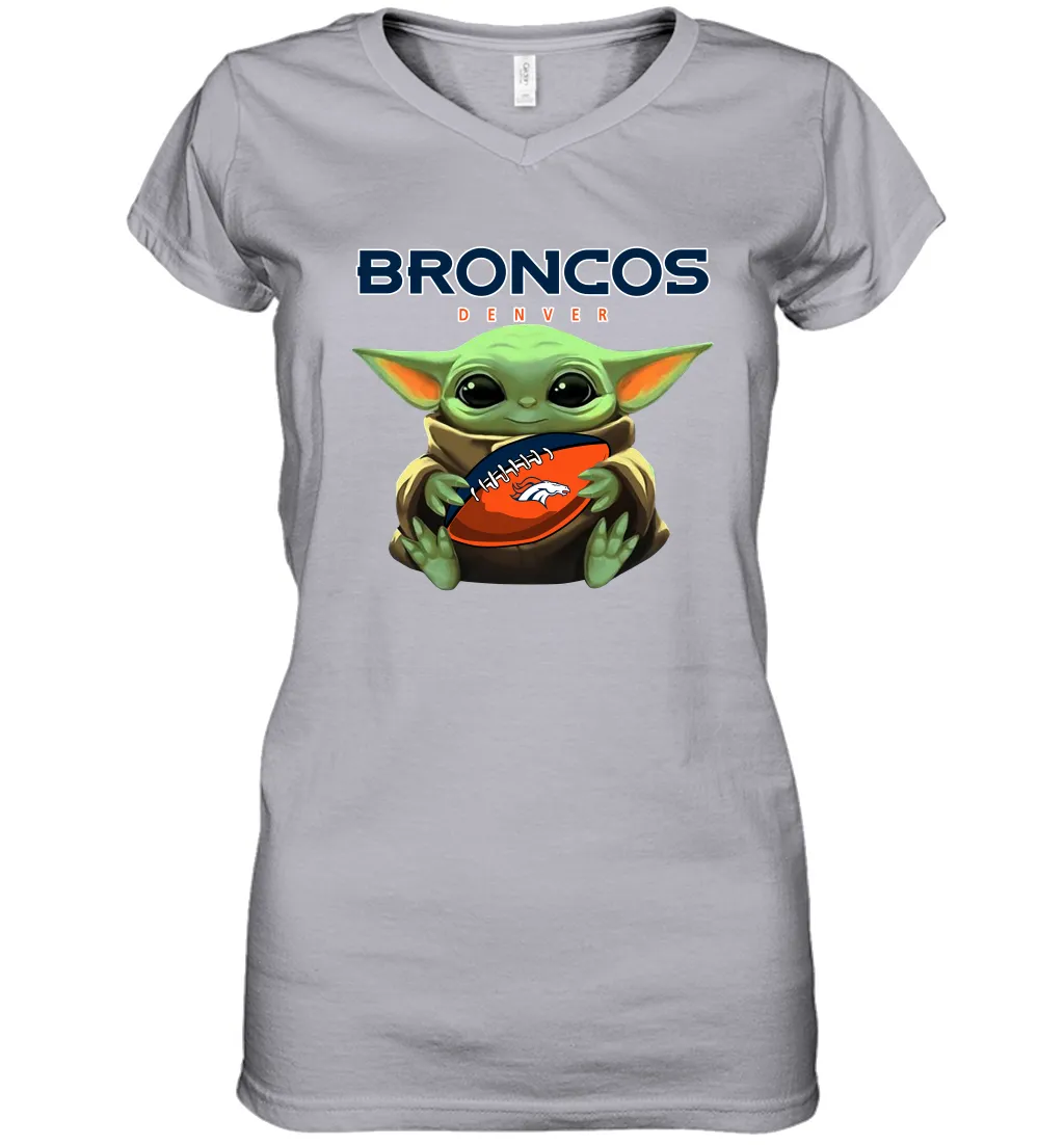 Baby Yoda Loves The Denver Broncos Star Wars Baby Yoda Hugs Broncos NFL Womens V-Neck T-Shirt