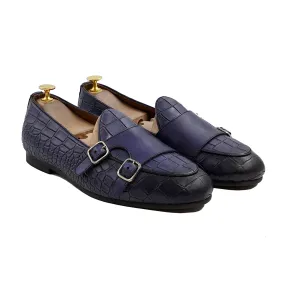 Baronia - Men's Blue Calf and Printed Crocodile Double Monkstrap