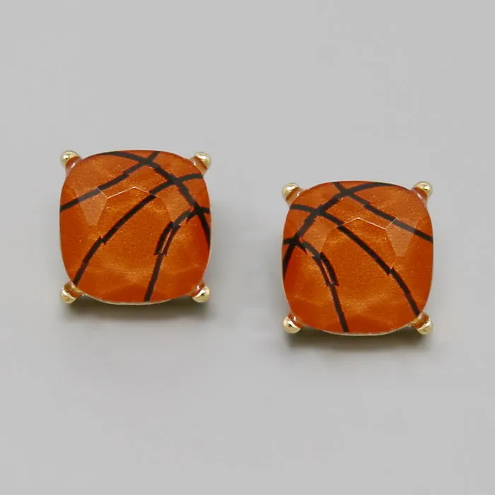 Basketball Faceted Glass Stone Square Shape Stud Earrings