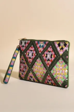 Beaded Weave Pattern Clutch | Green