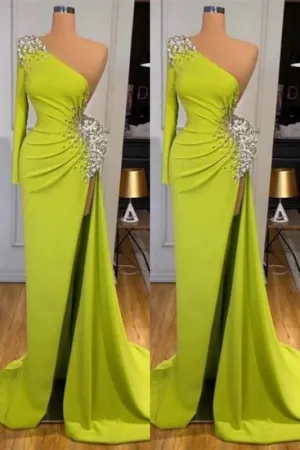 Beaded Yellow Green Mermaid Long Prom Dress with Split Sleeves