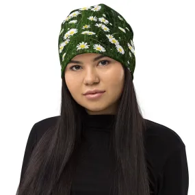 Beanie With White Flowers / Print Of Daisies / Double Layered