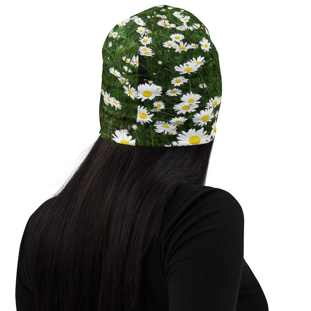 Beanie With White Flowers / Print Of Daisies / Double Layered