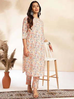 Beige Cotton Floral Straight Co-ord Set