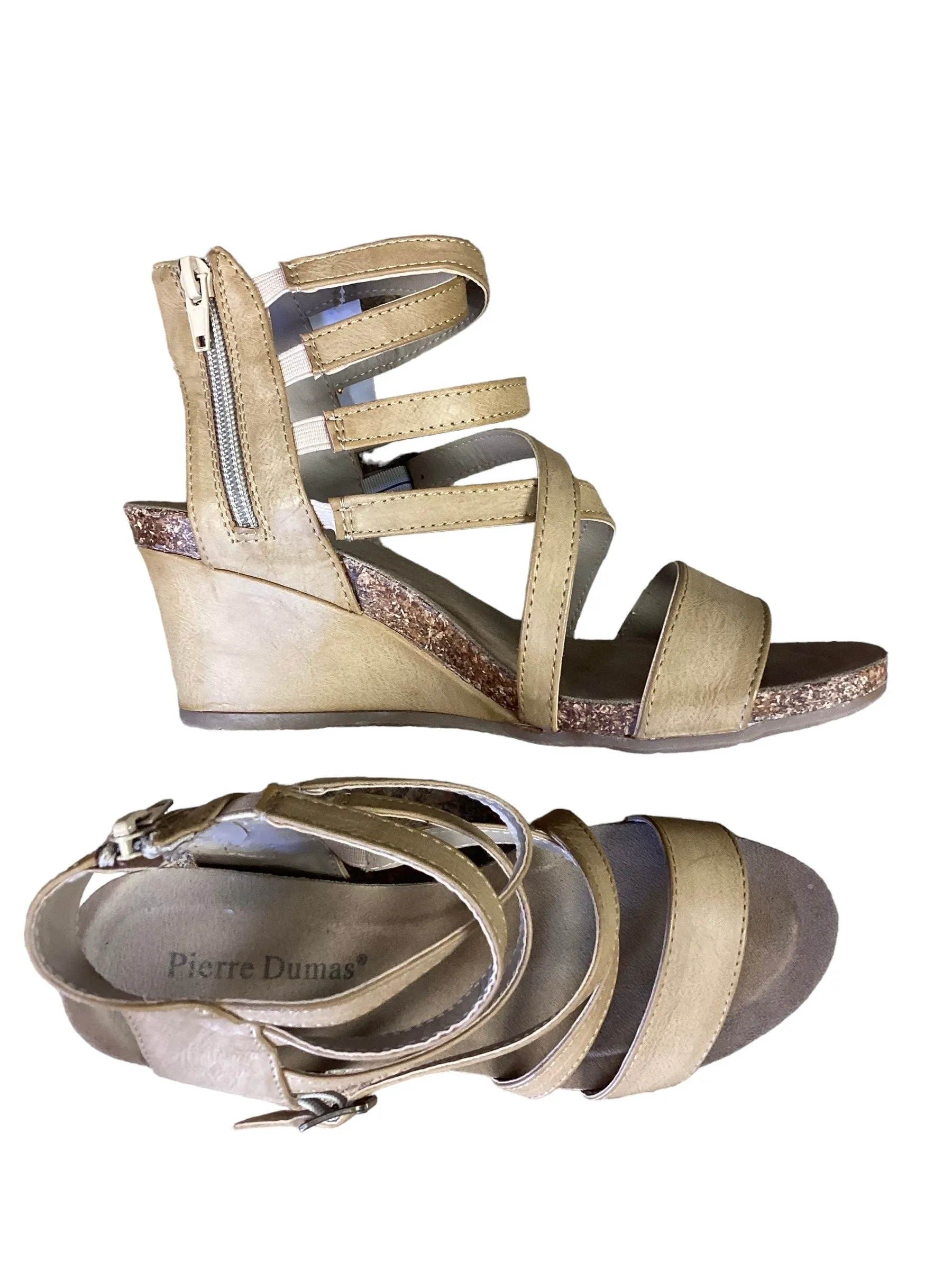 Beige Sandals Heels Wedge Pierre Dumas, Size 6.5