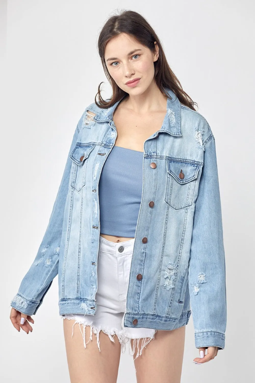 Risen Full Size Distressed Long Sleeve Denim Jacket