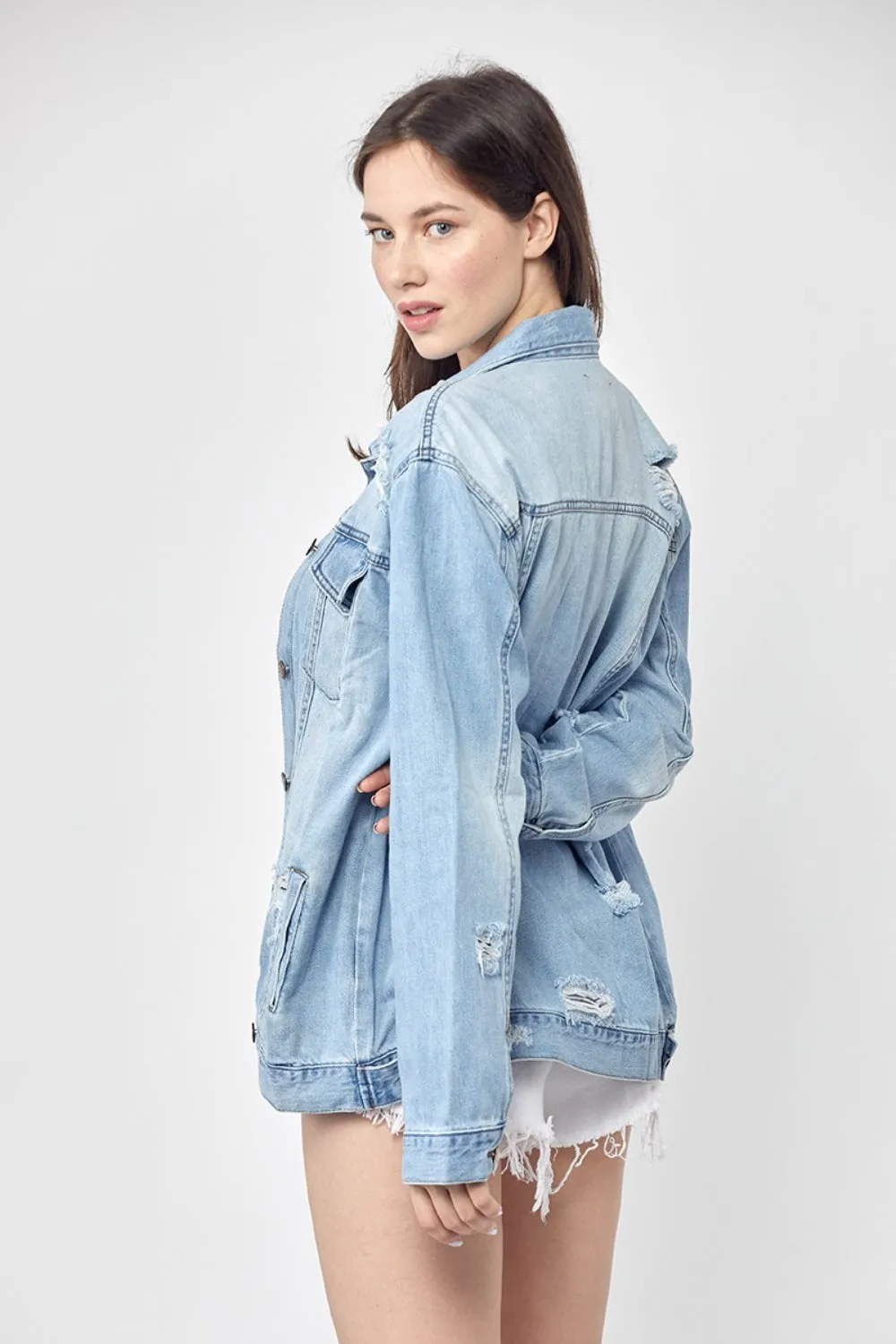 Risen Full Size Distressed Long Sleeve Denim Jacket