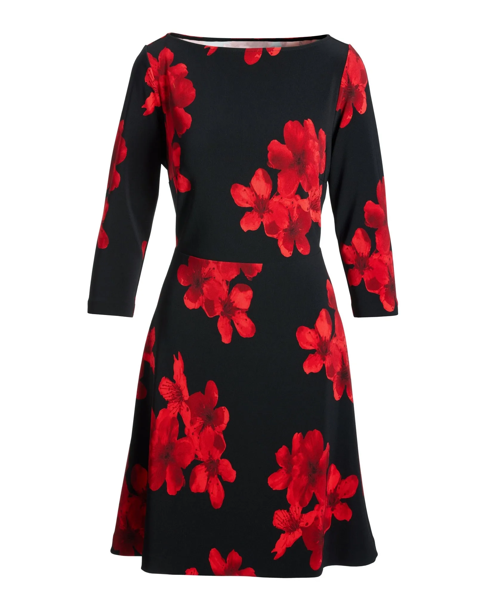 Beyond Travel Fleur de Luxe Long Sleeve Ballet Neck Fit and Flare Dress black/red