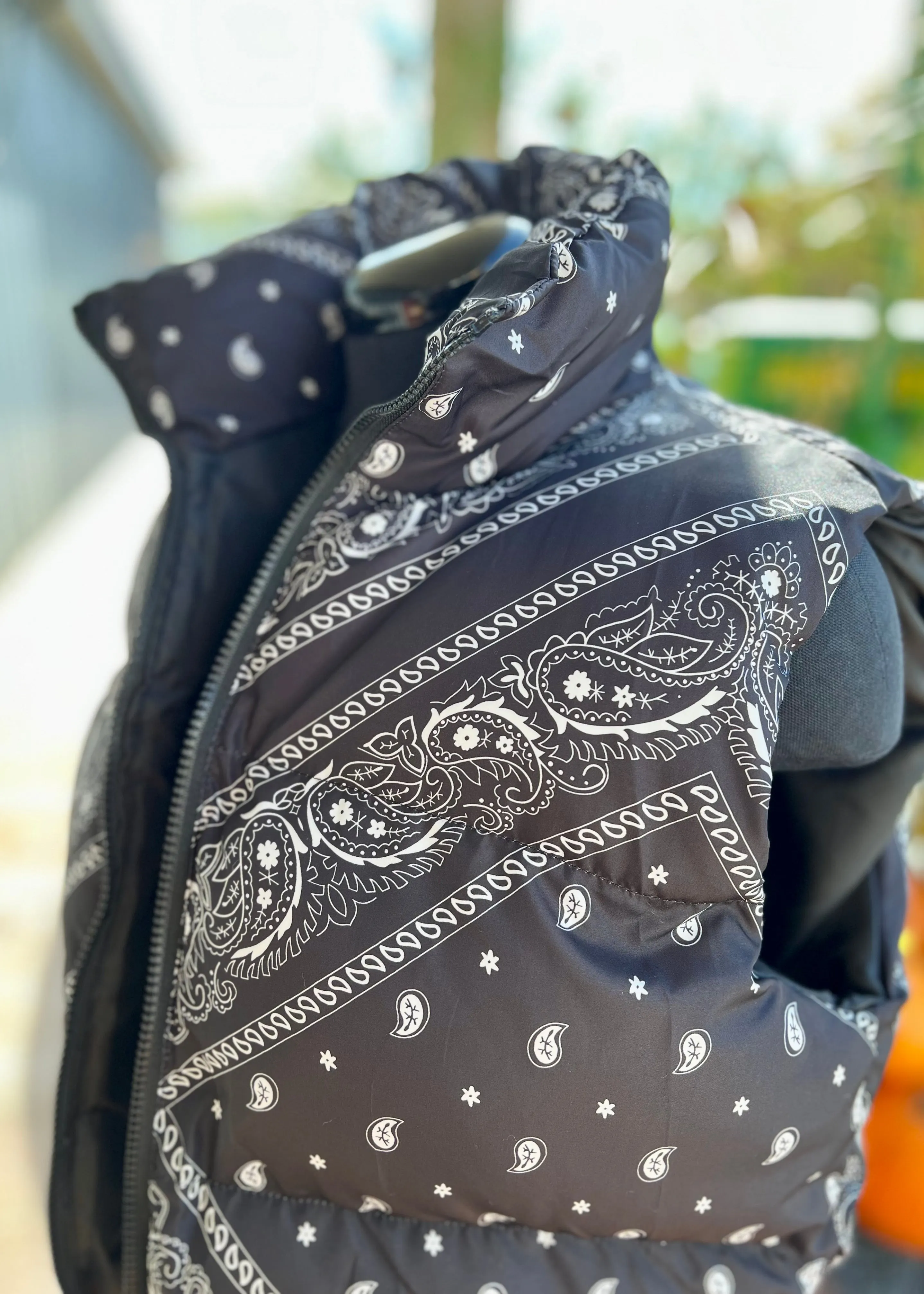 Black Bandana Print Puffer Vest