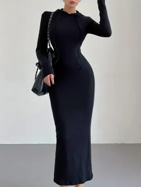 Black Casual Long Sleeve Drawstring Hooded Bodycon Dress