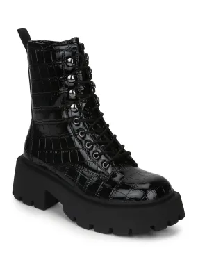 Black Croc Patent Lace Up Chunky Combat Boots