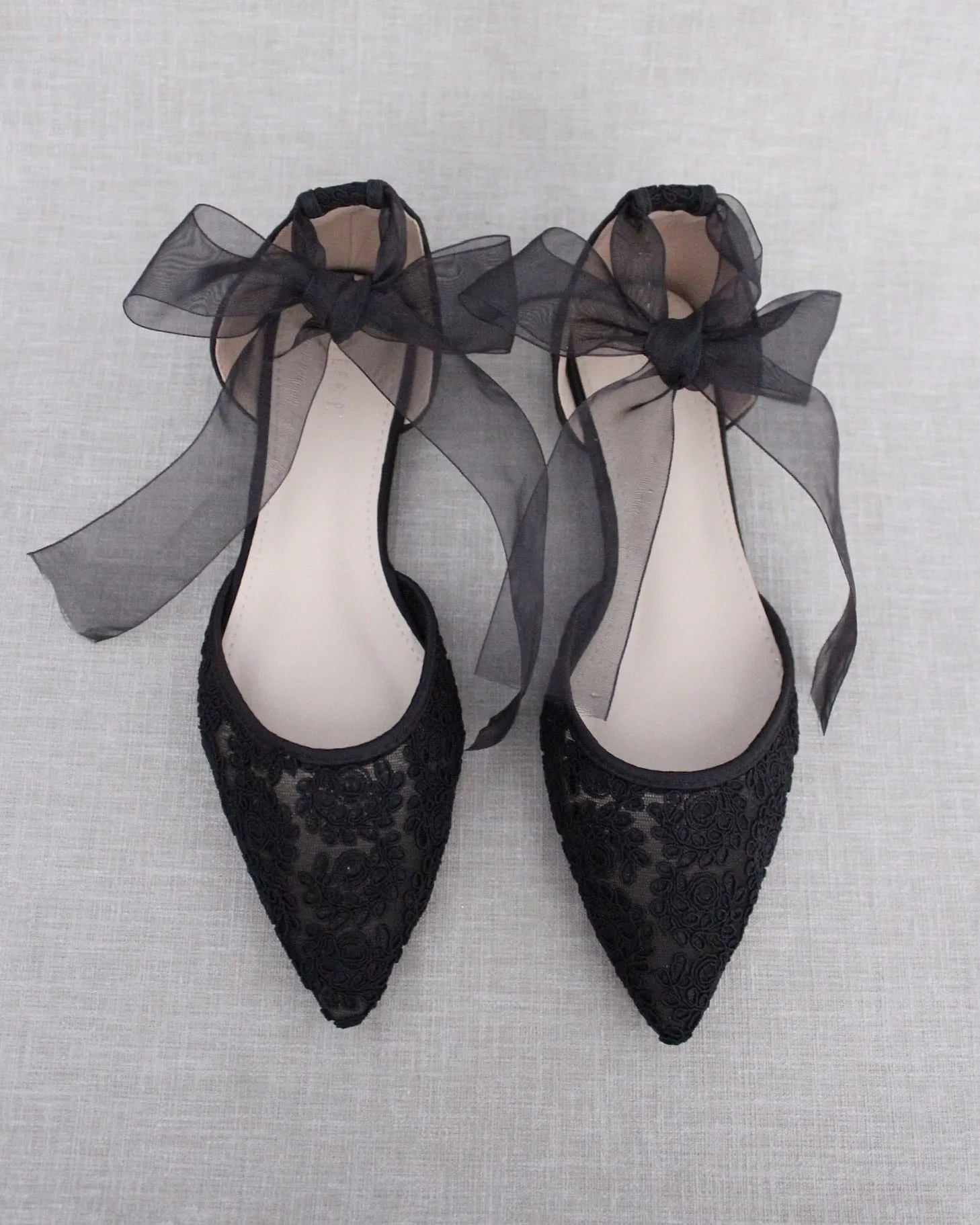 Black Crochet Lace Pointy Toe with Ballerina Lace Up or Ankle Tie