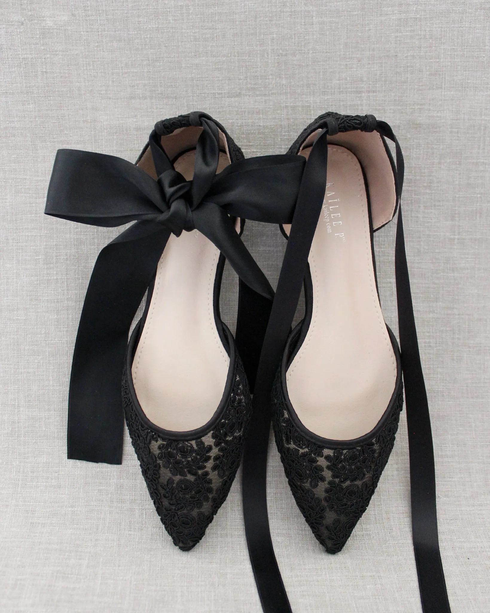 Black Crochet Lace Pointy Toe with Ballerina Lace Up or Ankle Tie